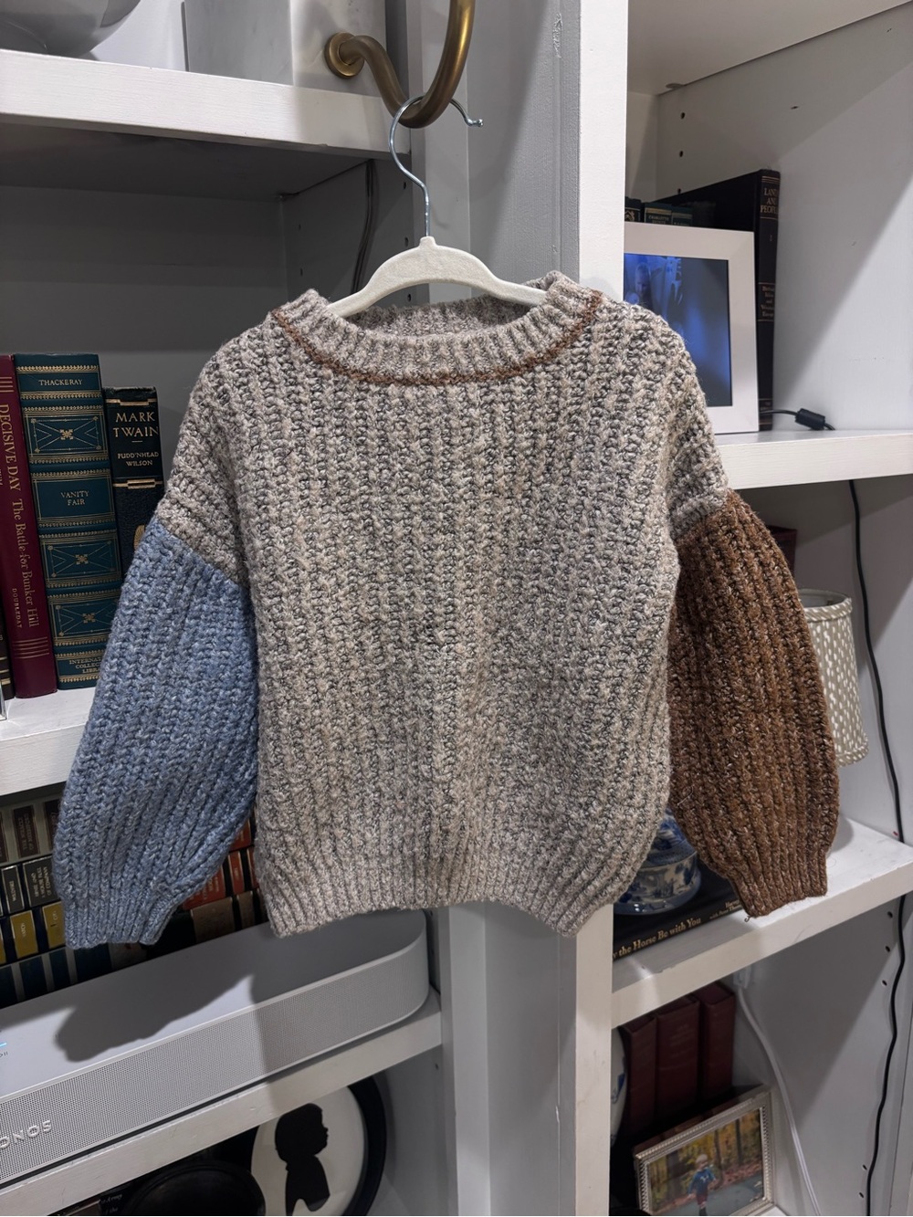 Zara Chunky Colorblock Sweater in Beige with Blue & Brown Sleeves